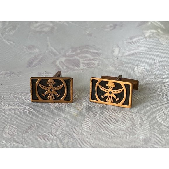 Vintage Copper Cufflinks w\Thunderbird Image Native American Dancing Totem - Picture 2 of 6